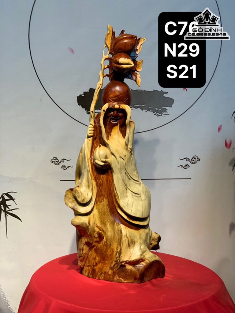 Tượng Ông Thọ Gỗ Hương Ta Liền Khối Cao 76 Ngang 29 Sâu 21 (cm)