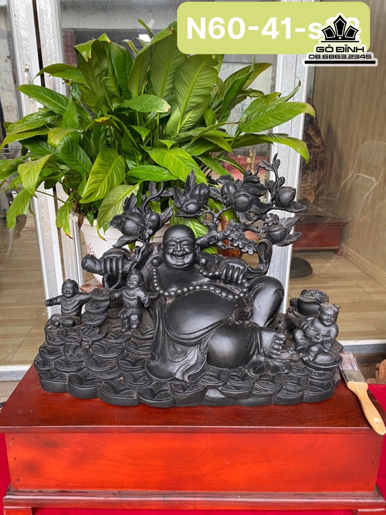 Tượng Di Lặc Tam Phúc Gỗ Mun Cao 41 Ngang 60 Sâu 32 (cm)