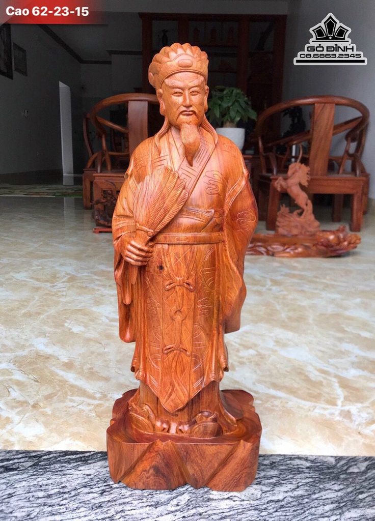 Tượng Gia Cát Lượng Gỗ Cẩm Liền Khối Cao 62 Ngang 23 Sâu 15 (cm)