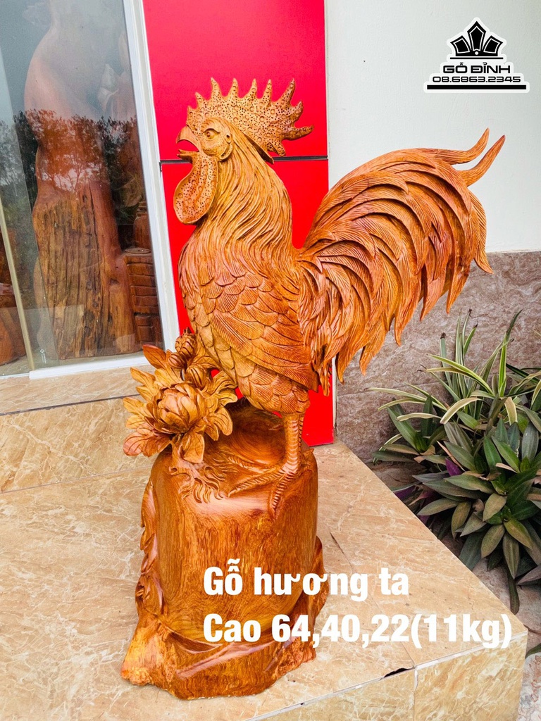 Tượng Gà Gỗ Hương Cao 64 Ngang 40 Sâu 22 (cm)