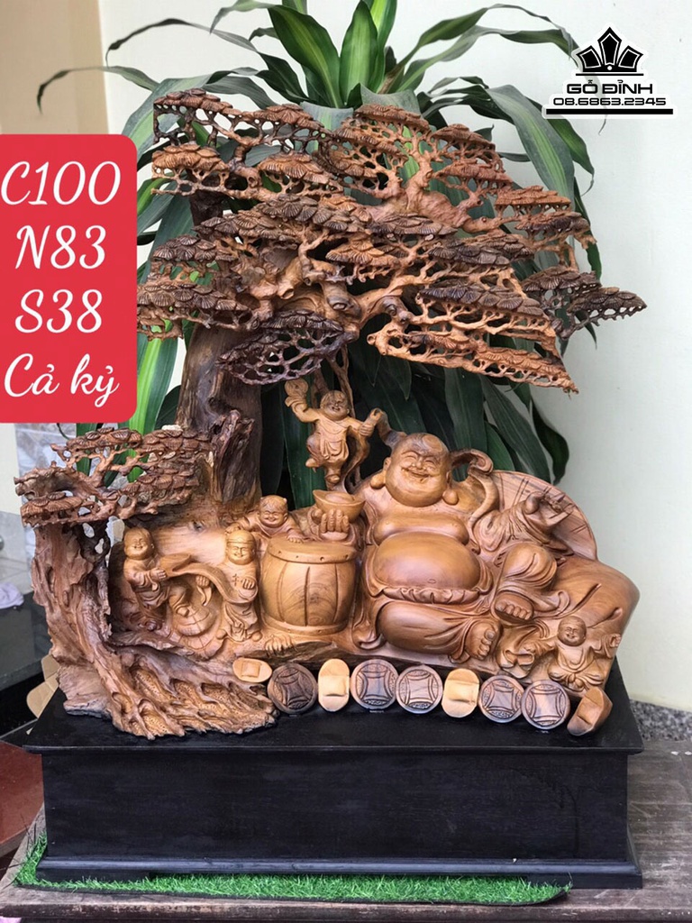 Tượng Phật Di Lặc Ngồi Gôc Tùng Gỗ Bách Xanh Cao 100 Ngang 83 Sâu 38 (cm)