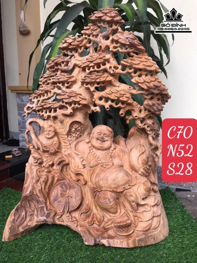 Tượng Phật Di Lặc Ngồi Gốc Tùng Gỗ Ngọc Am Cao 70 Ngang 52 Sâu 28 (cm)