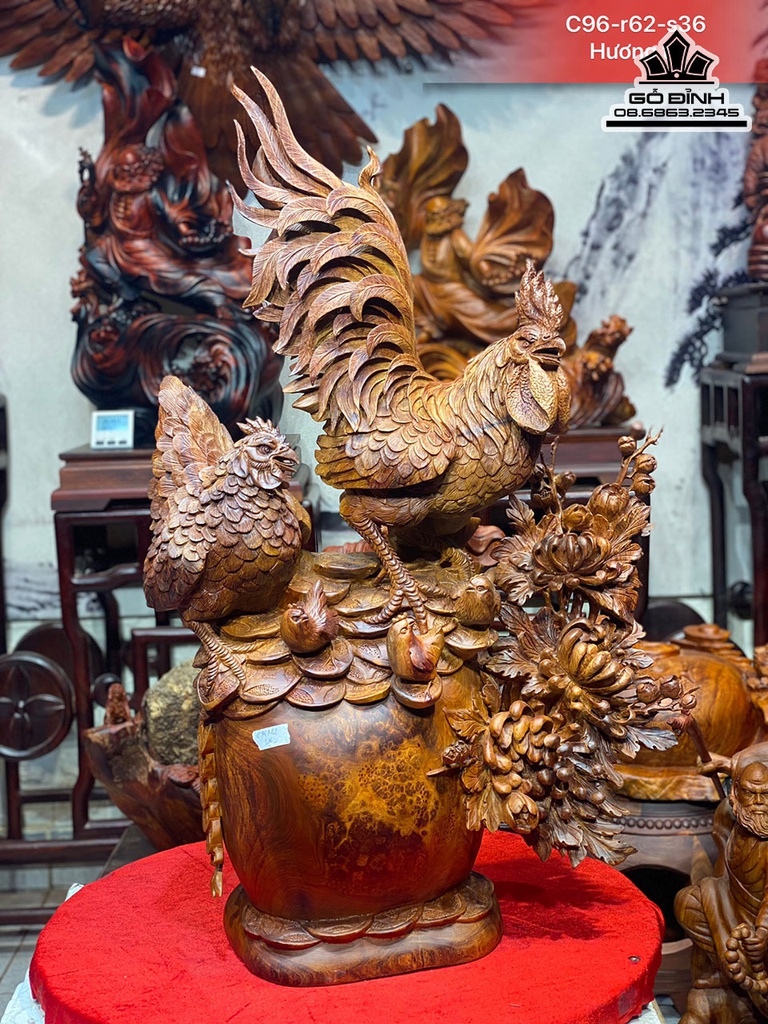 Tượng Gia Đình Gà Gỗ Hương cao 96 Ngang 62 Sâu 36 (cm)