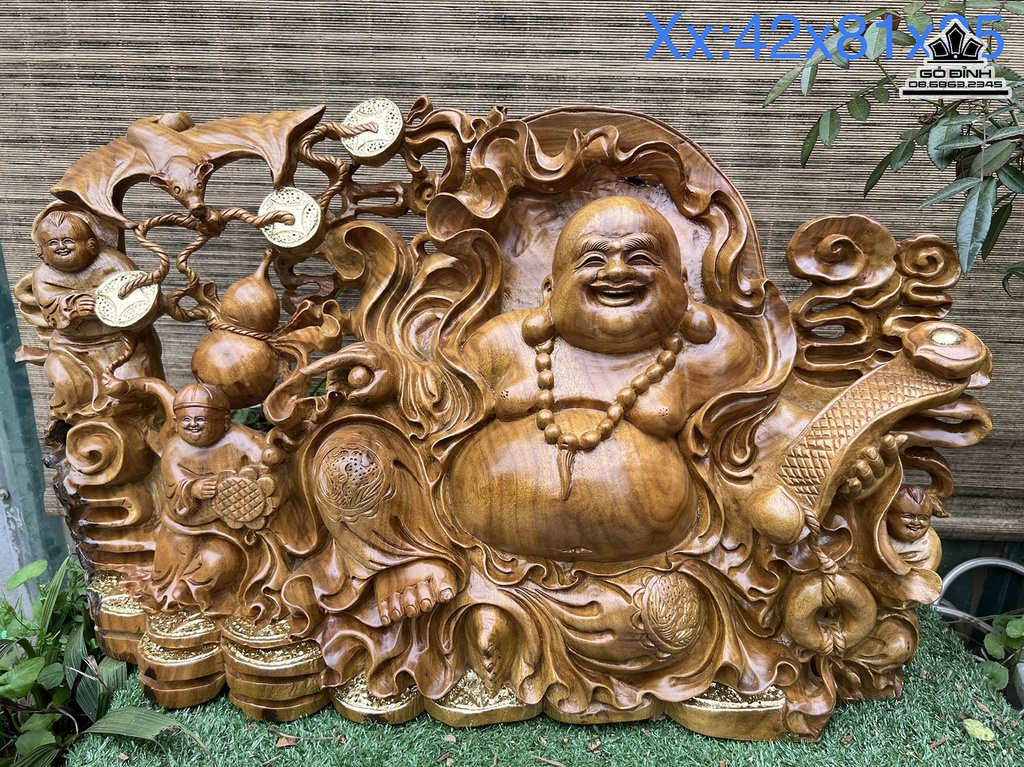 Tượng Di Lặc Tam Phúc Gỗ Bách Xanh Cao 42 Ngang 81 Sâu 25 (cm)