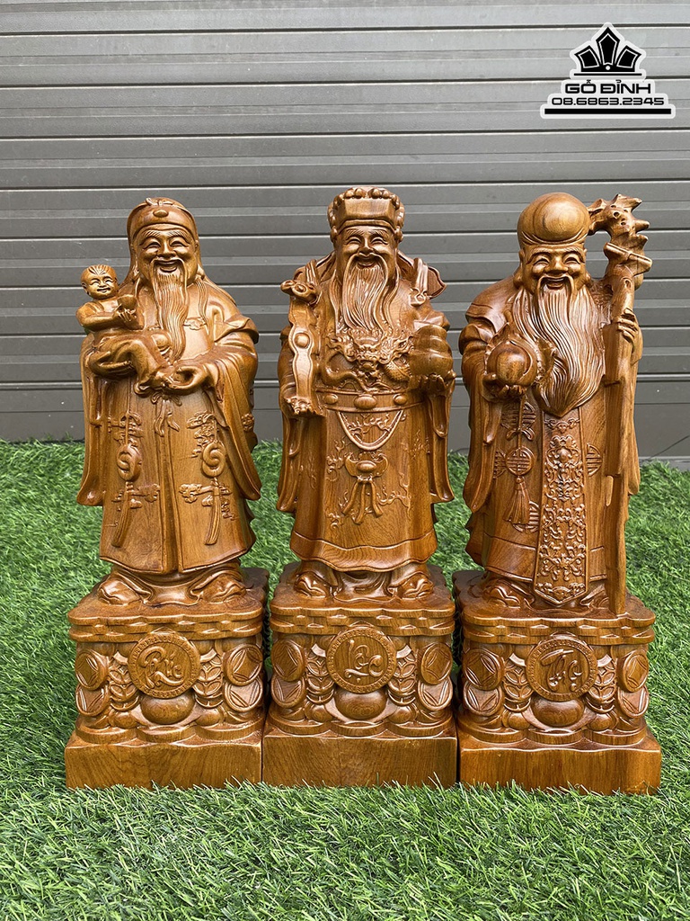 Tượng Phúc Lộc Thọ Gỗ Bách Xanh Cao 40 Ngang 13 Sâu 11 (cm)