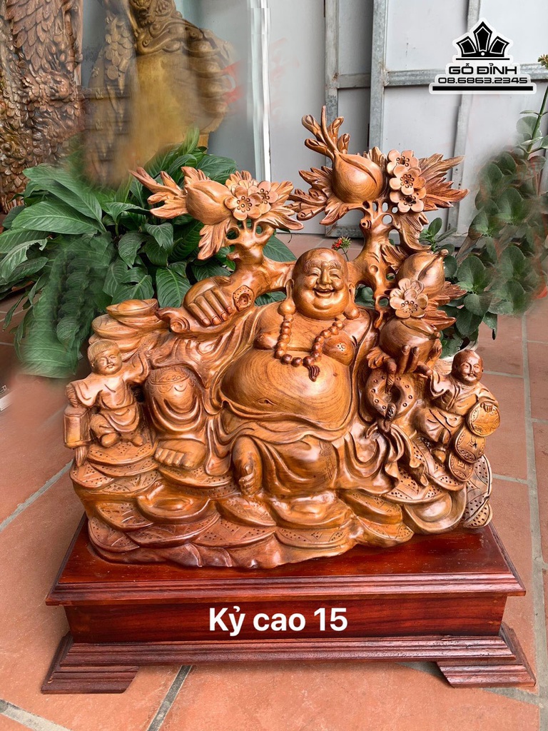 Tượng Di Lặc Vác Cành Đào Gỗ Hương Gia Lai Cao 46 ngang 50 Sâu 32 Cả Kỷ 61 (cm)