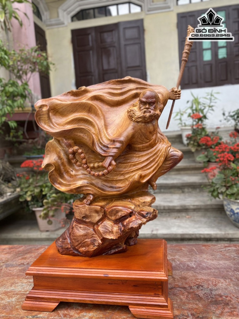 Tượng Đạt Ma Gỗ Hương Ta Liền Khối Cao 49 Ngang 40 Sâu 18 Cả Kỷ 61 (cm)