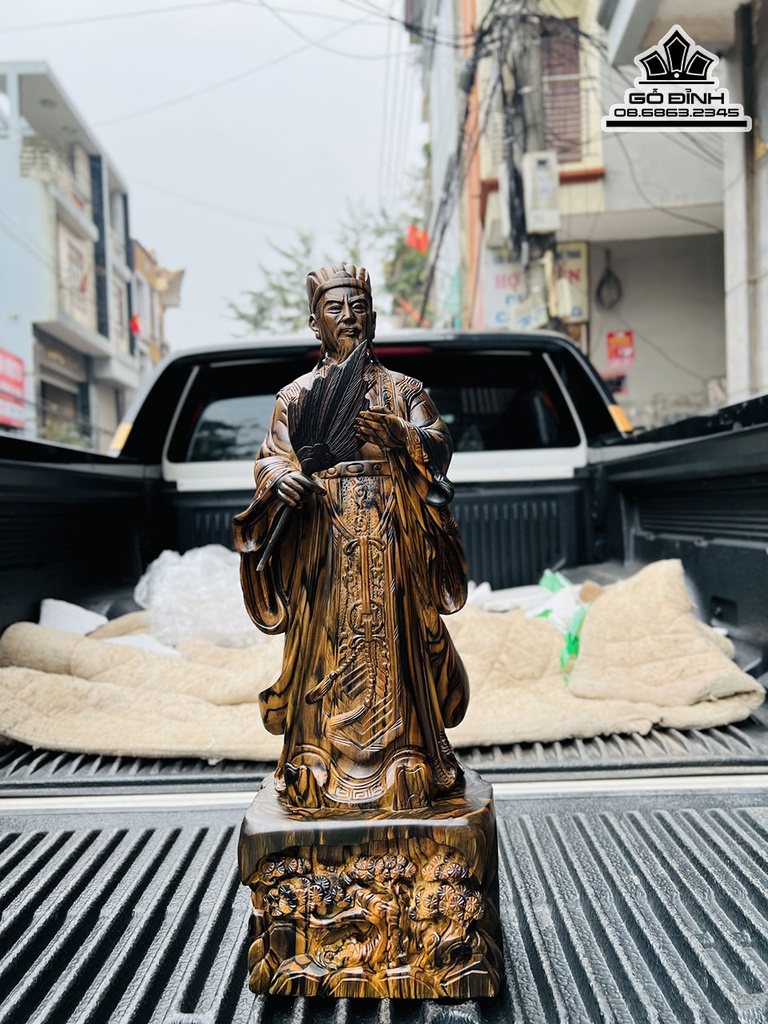 Tượng Gia Cát Lượng Gỗ Mun Liền Khối Cao 60 Ngang 21 Sâu 13 (cm)