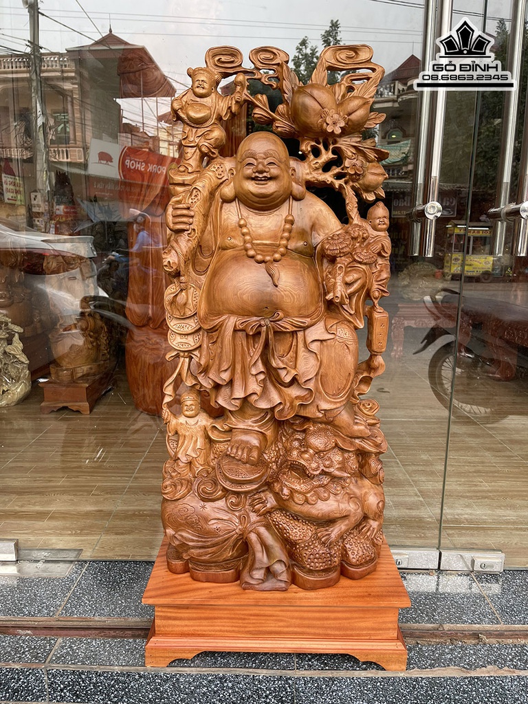 Tượng Phật Di Lặc Vác Cành Đào Gỗ Ngọc Am Cao 95 Ngang 46 Sâu 19 (cm)
