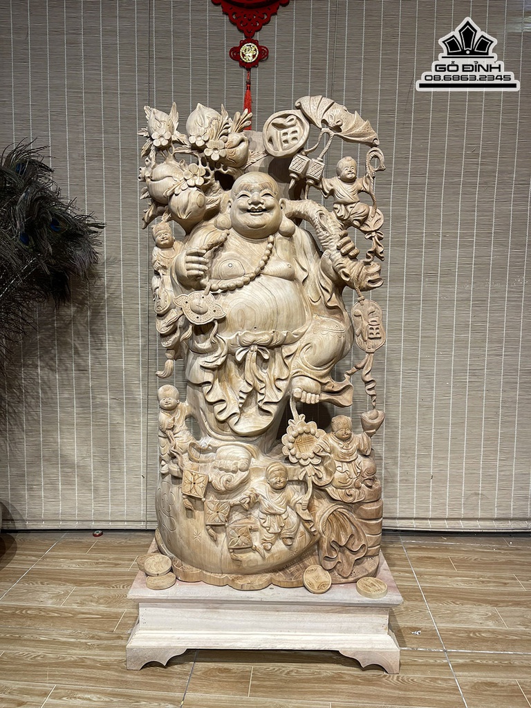 Tượng Phật Di Lặc Vác Cành Đào Gỗ Ngọc Am Cao 95 Ngang 49 Sâu 25 (cm)