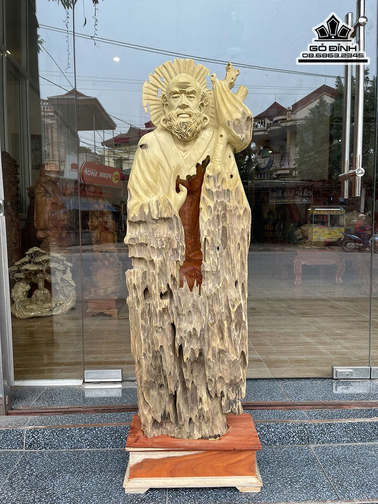 Tượng Đạt Ma Tâm Rỗng Gỗ Dổi Cao 115 Ngang 40 Sâu 22 Cả Kỷ 130 (cm)