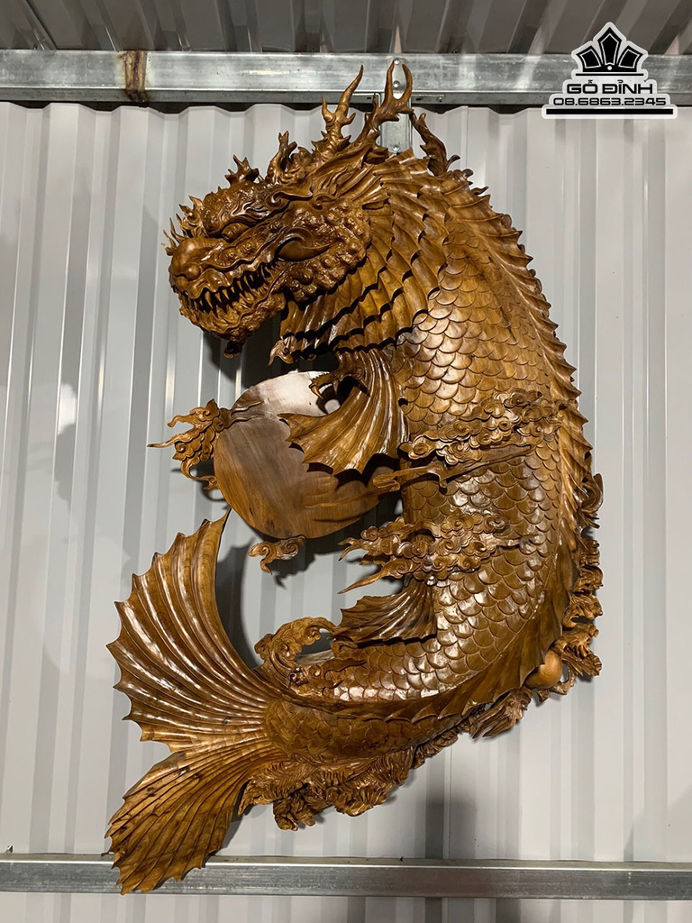 Tượng Cá Hóa Rồng Gỗ Bách Xanh Cao 80 Ngang 90 Sâu 20 (cm)