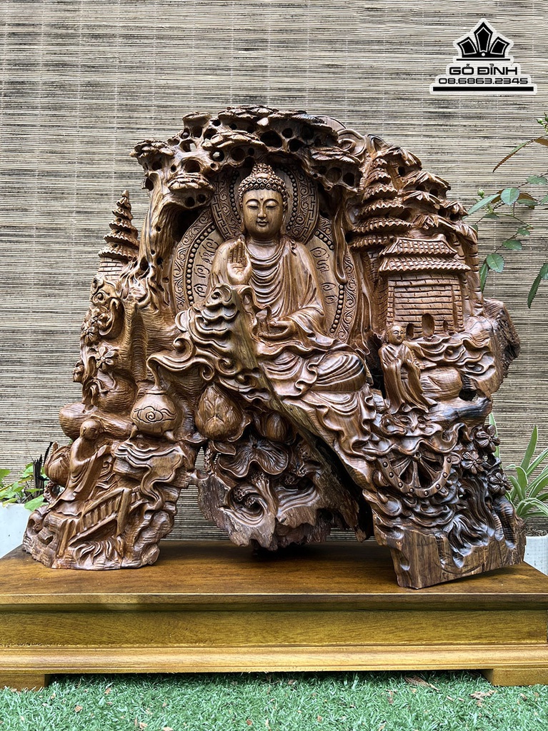 Tượng Nhất Tâm Bái Phật Gỗ Bách Xanh Cao 43 Ngang 48 Sâu 13 (cm)