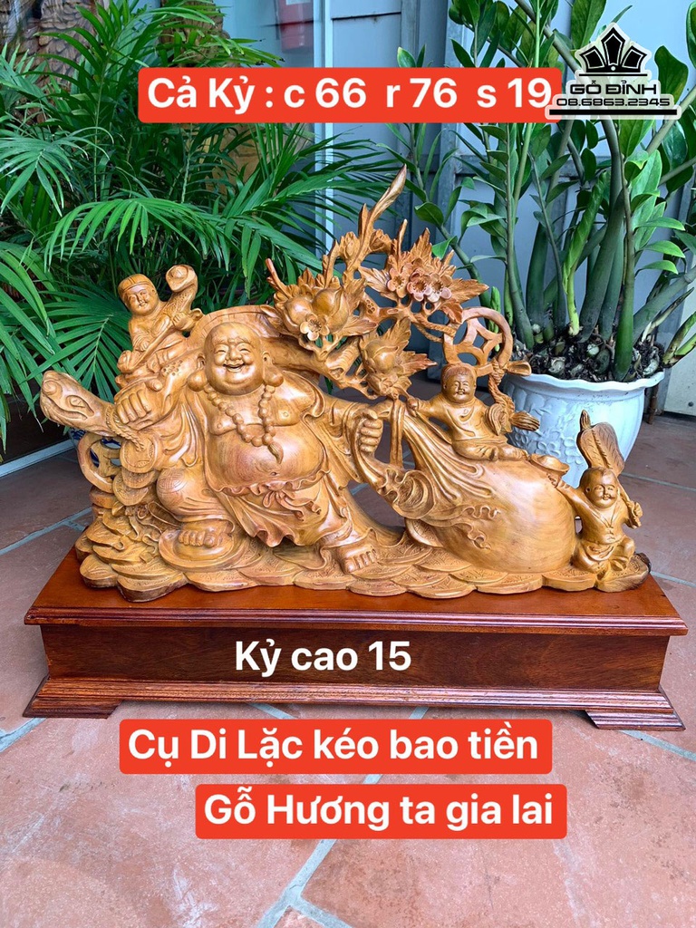Tượng Phật Di Lặc Kéo Bao Tiền Gỗ Hương Co 66 Ngang 76 Sâu 19 (cm)