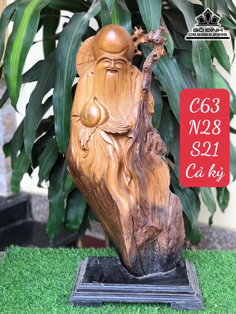 TƯợng Ông Thọ Gỗ Bách Xanh Cao 63 Ngang 28 Sâu 21 (cm)