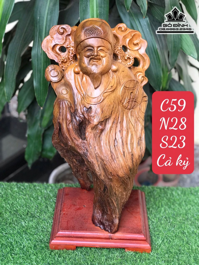Tượng Thần Tài Gỗ Bách Xanh Cao 59 Ngang 28 Sâu 23 (cm)