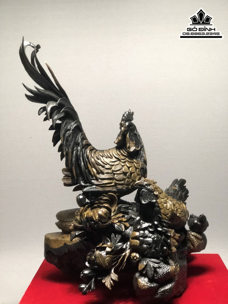 Tượng Gia Đình Gà Gỗ Mun Liền Khối Cao 52 Ngang 43 Sâu 34 (cm)