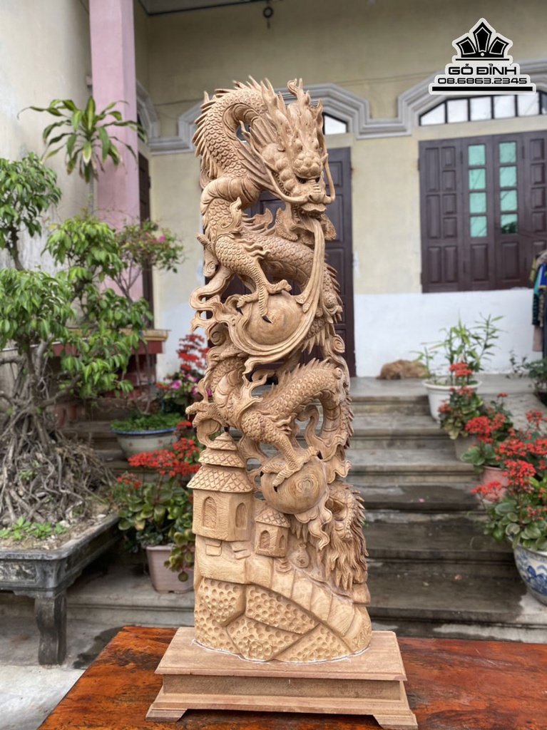 Tượng Nhất Long Vờn Ngọc Gỗ Ngọc Am Liền Khối