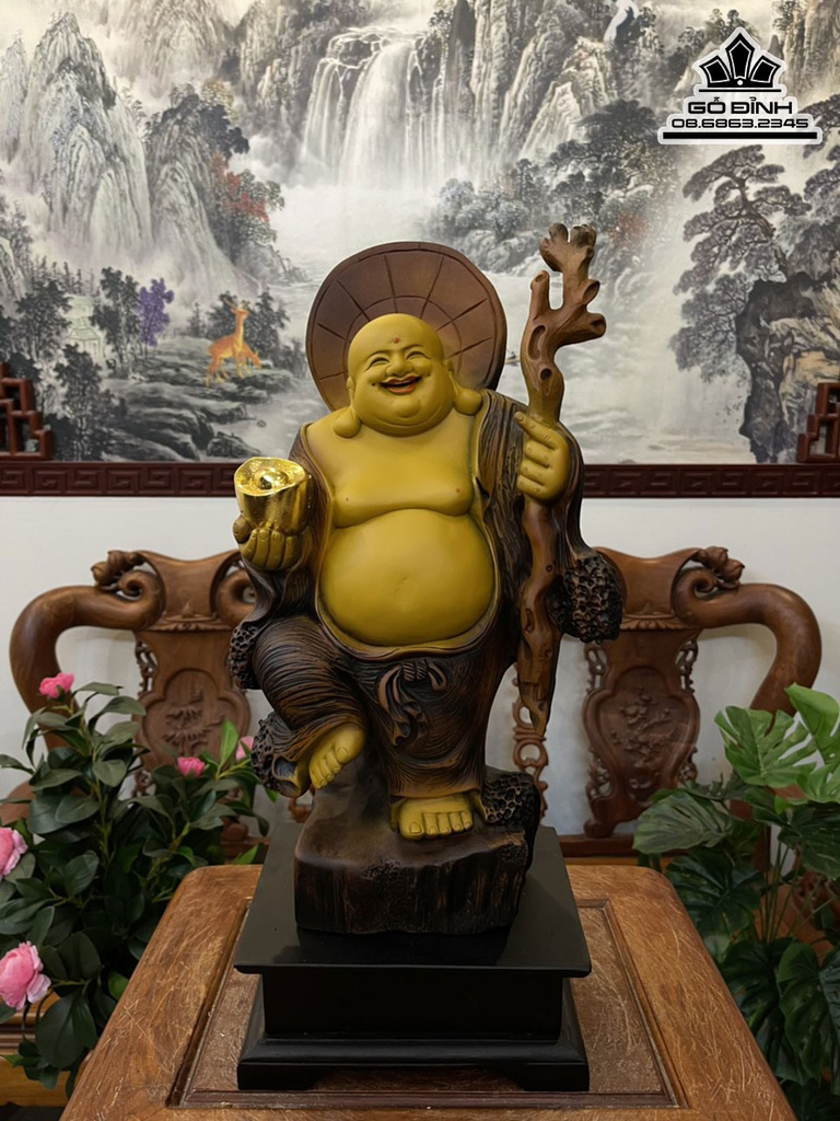 Tượng Phật Di Lặc Gỗ Bách Xanh Cao 47 Ngang 24 Sâu 12 (cm)
