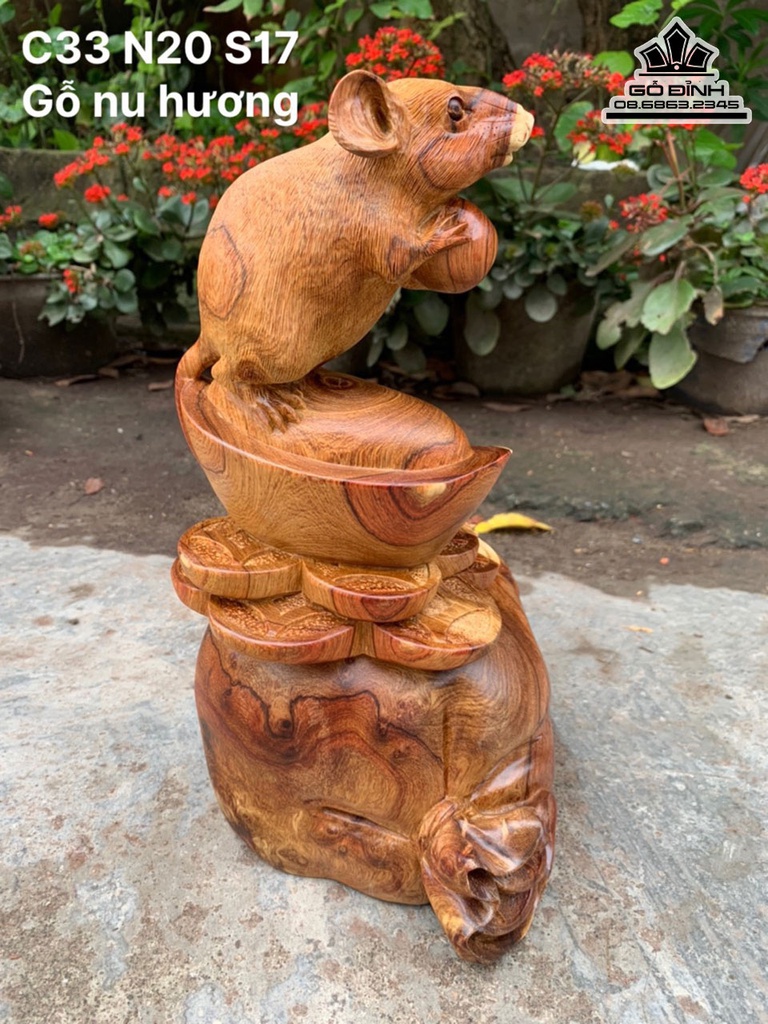 Tượng Chuột Gỗ Nu Hương Cao 33 Ngang 20 Sâu 17 (cm)