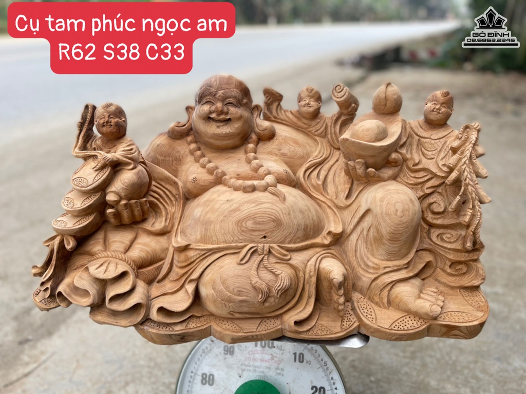 Tượng Phật Di Lặc Tam Phúc Gỗ Ngọc Am Cao 33 Ngang 62 Sâu 38 (cm)