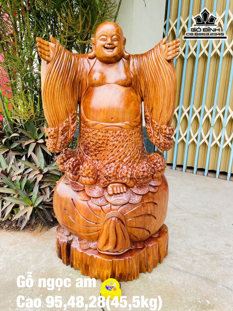 Tượng Di Lặc Chúc Phúc Gỗ Ngọc Am Liền Khối Cao 95 Ngang 48 Sâu 28 (cm)
