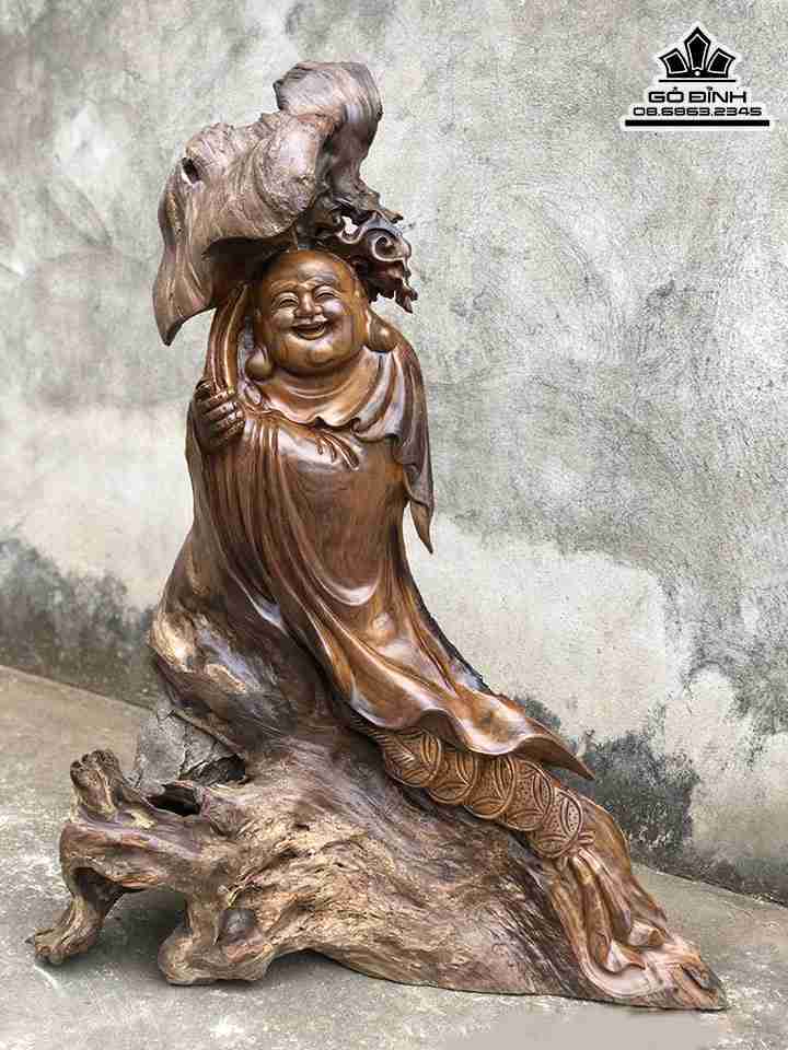 Tượng Phật Di Lặc Lá Sen Gỗ Bách Xanh  Cao 92 Ngang 72 Sâu 26 (cm)