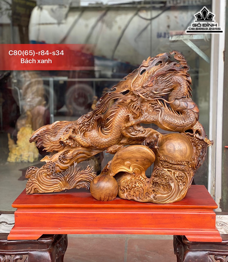 Tượng Rồng Nhất Long Gỗ Bách Xanh Cao 80 Ngang 84 Sâu 34 (cm)