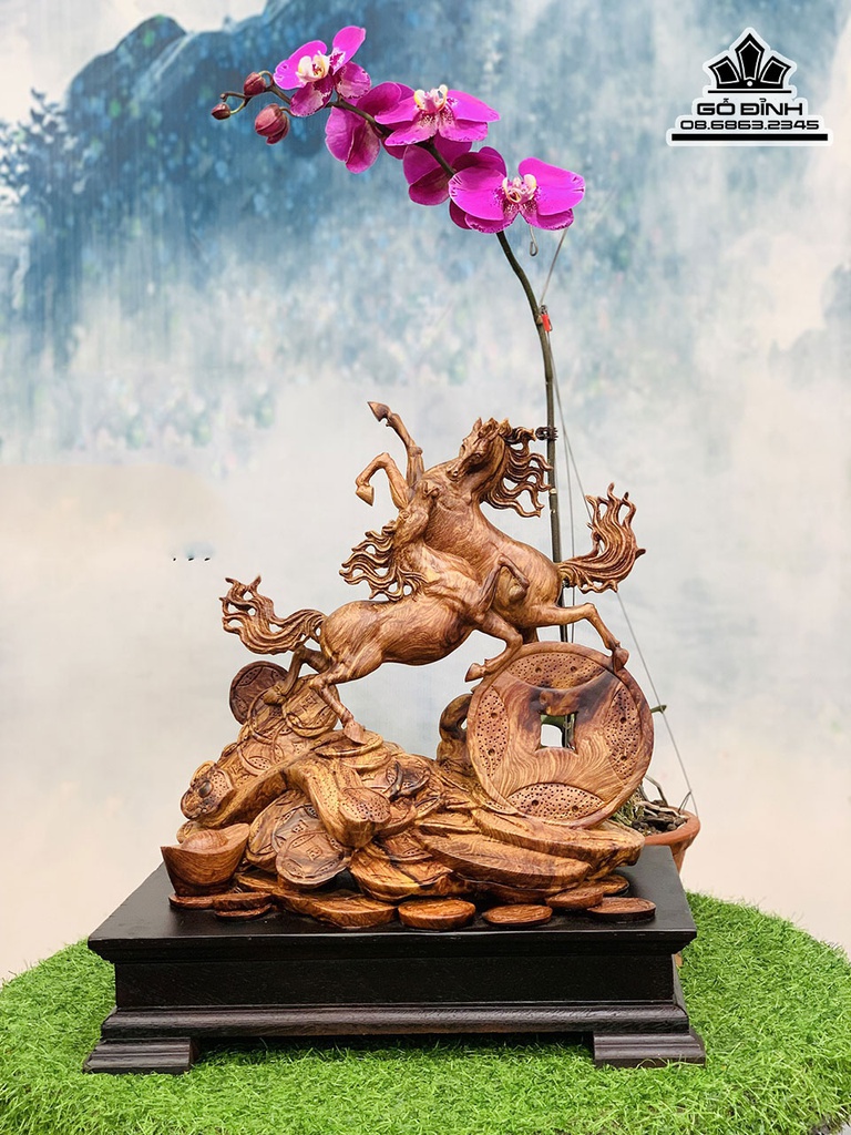 Tượng Ngựa (Song Mã) Uyên Ương Gỗ Cẩm Cao 46 Ngang 40 Sâu 25 (cm)