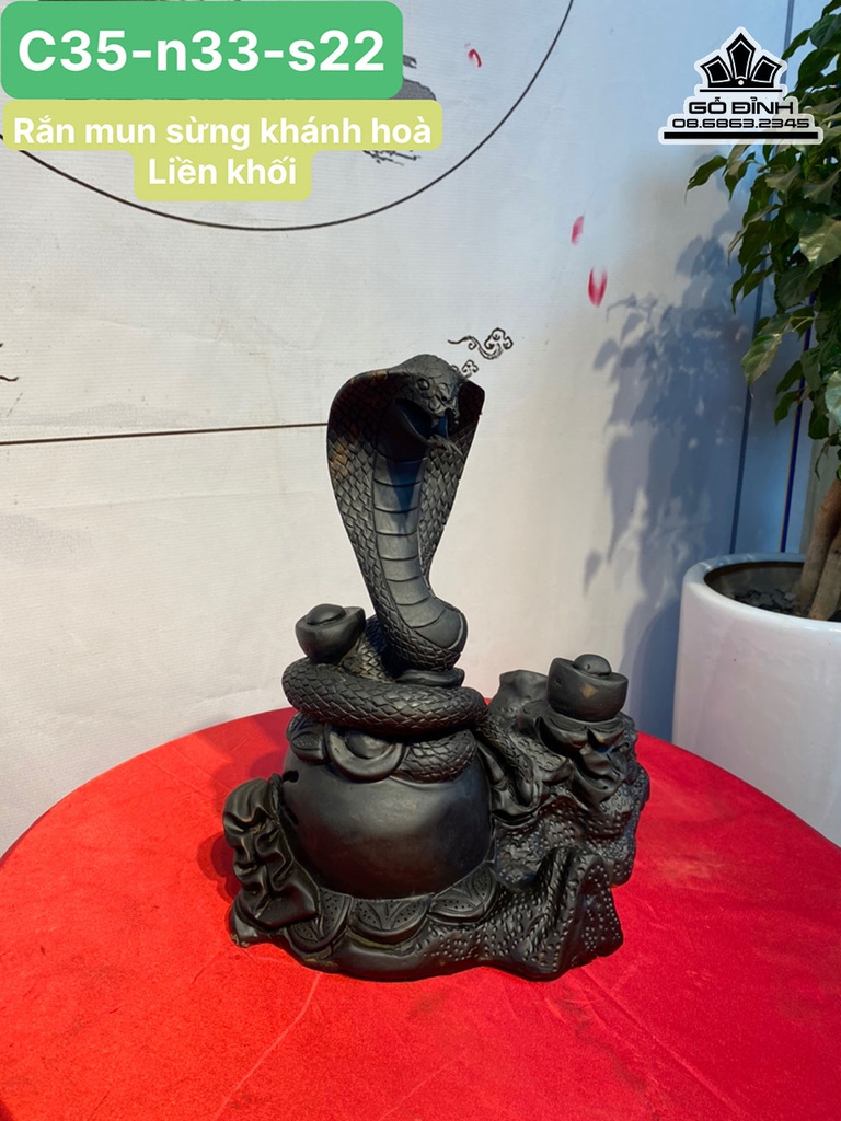 Tượng Rắn Gỗ Mun Sừng Cao 35 Ngang 33 Sâu 22 (cm)