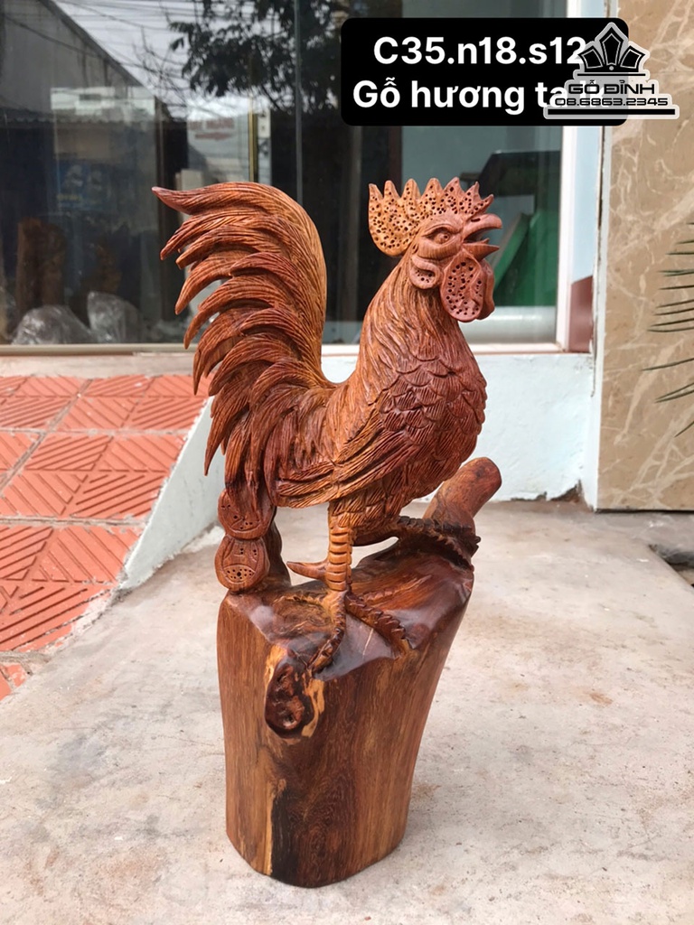Tượng Gà Trống Gỗ Hương Cao 35 Ngang 18 Sâu 12 (cm)