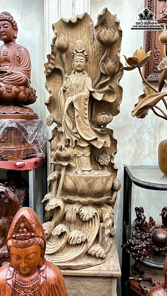 Tượng Phật Quan Âm Gỗ Hương Cao 110 Ngang 40 Sâu 40 (cm)