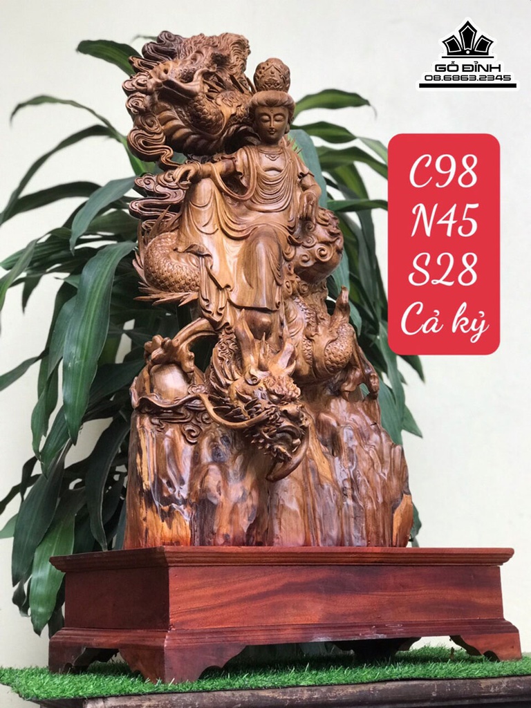 Tượng Phật Quan Âm Ngồi Trên Rồng Gỗ Bách Xanh Cao 98 Ngang 45 Sâu 28 (cm)