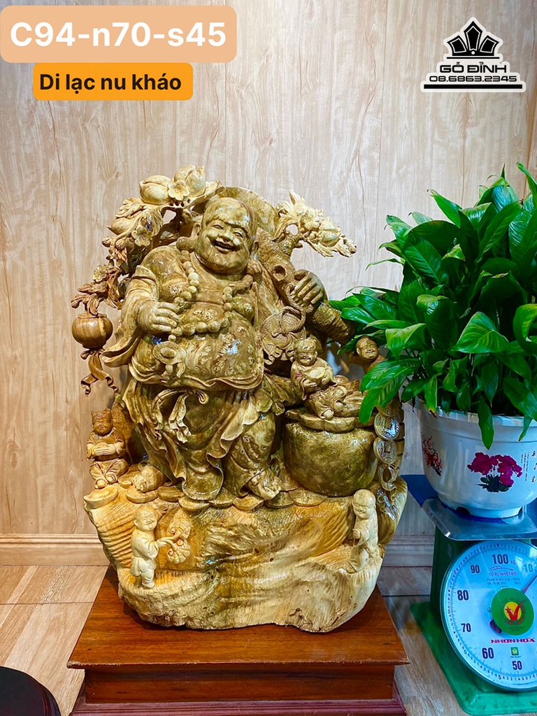 Tượng Phật Di Lặc Gỗ Nu Kháo Cao 94 Ngang 70 Sâu 45 (cm)