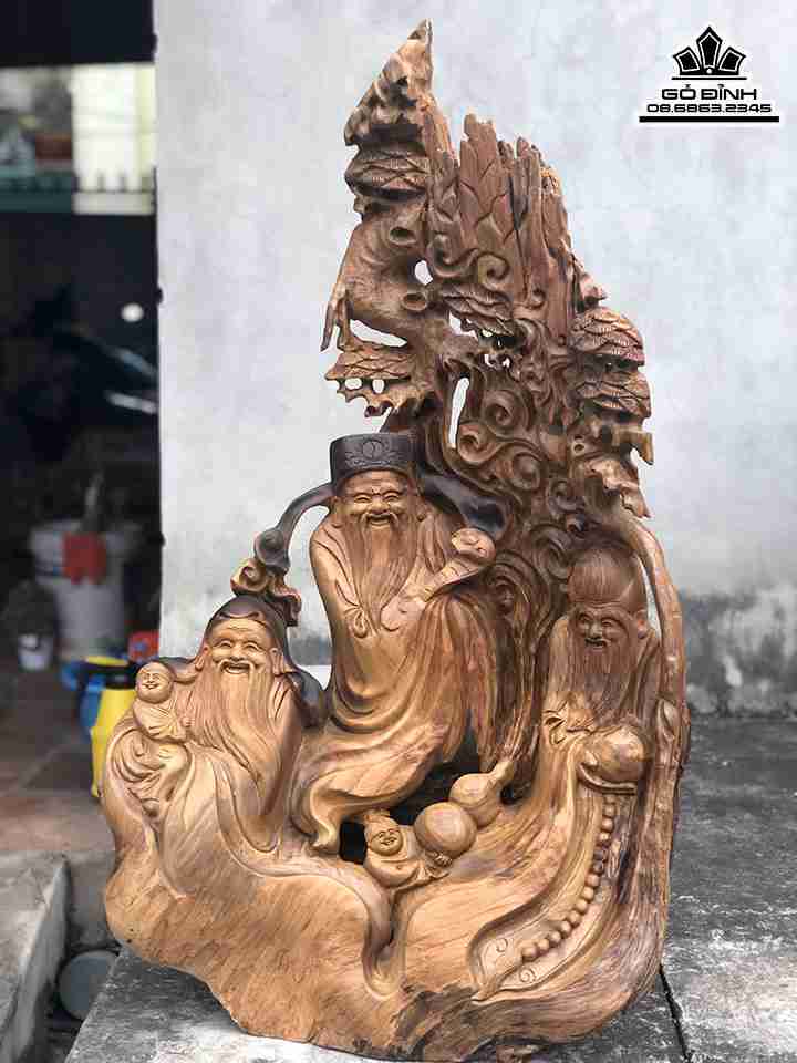 Tượng Tam Đa Phúc Lộc Thọ Gỗ Bách Xanh  Cao 98 Ngang 55 Sâu 25 (cm)