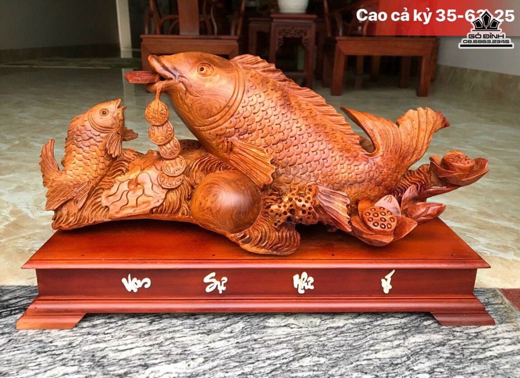 Tượng Cá Mẫu Tử Gỗ HƯơng Cao 35 Ngang 63 Sâu 25 (cm)