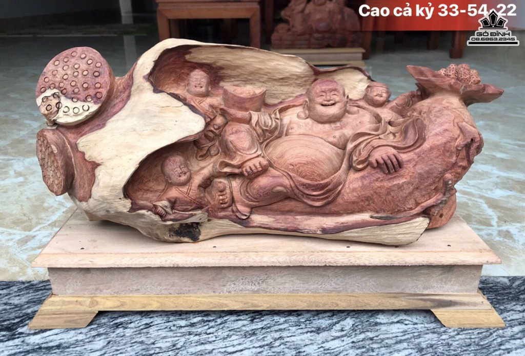 Tượng Phật Di Lặc Ngồi Lá Sen Gỗ Hương Cao 33 Ngang 54 Sâu 22 (cm)