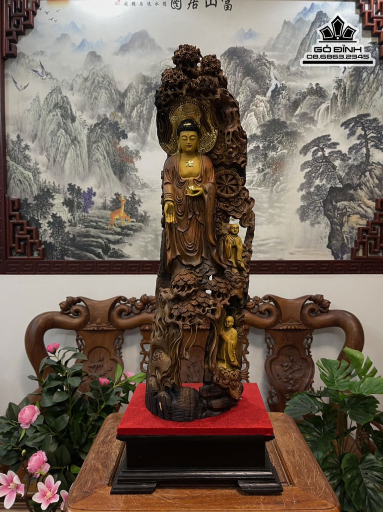 Tượng Nhất Tâm Bái Phật  Gỗ Bách Xanh Cao 62 Ngang 20 Sâu 15 (cm)