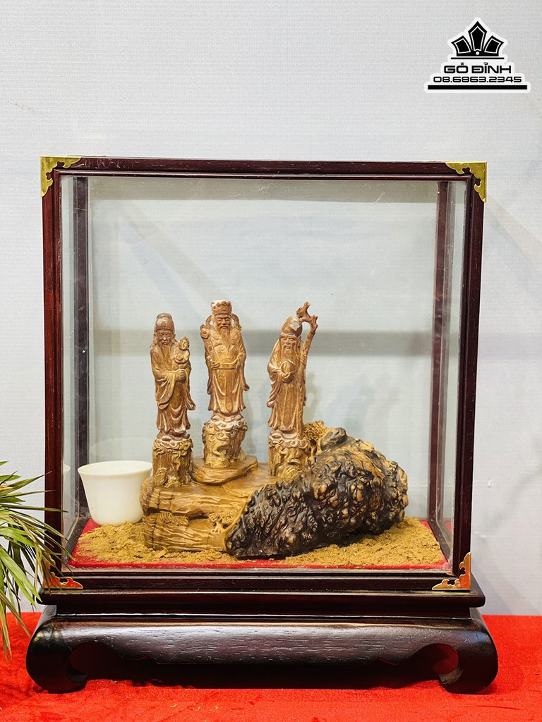 Tượng Phúc Lộc Thọ Gỗ Hoàng Đàn Cao 39 Ngang 33 Sâu 29 (cm)