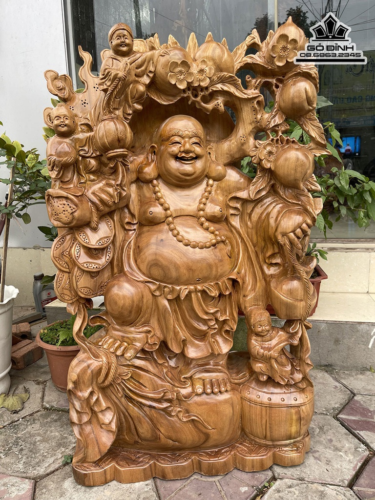 Tượng Phật Di Lặc Vác Cành Đào Gỗ Xá Xị Cao 93 Ngang 58 Sâu 24 (cm)