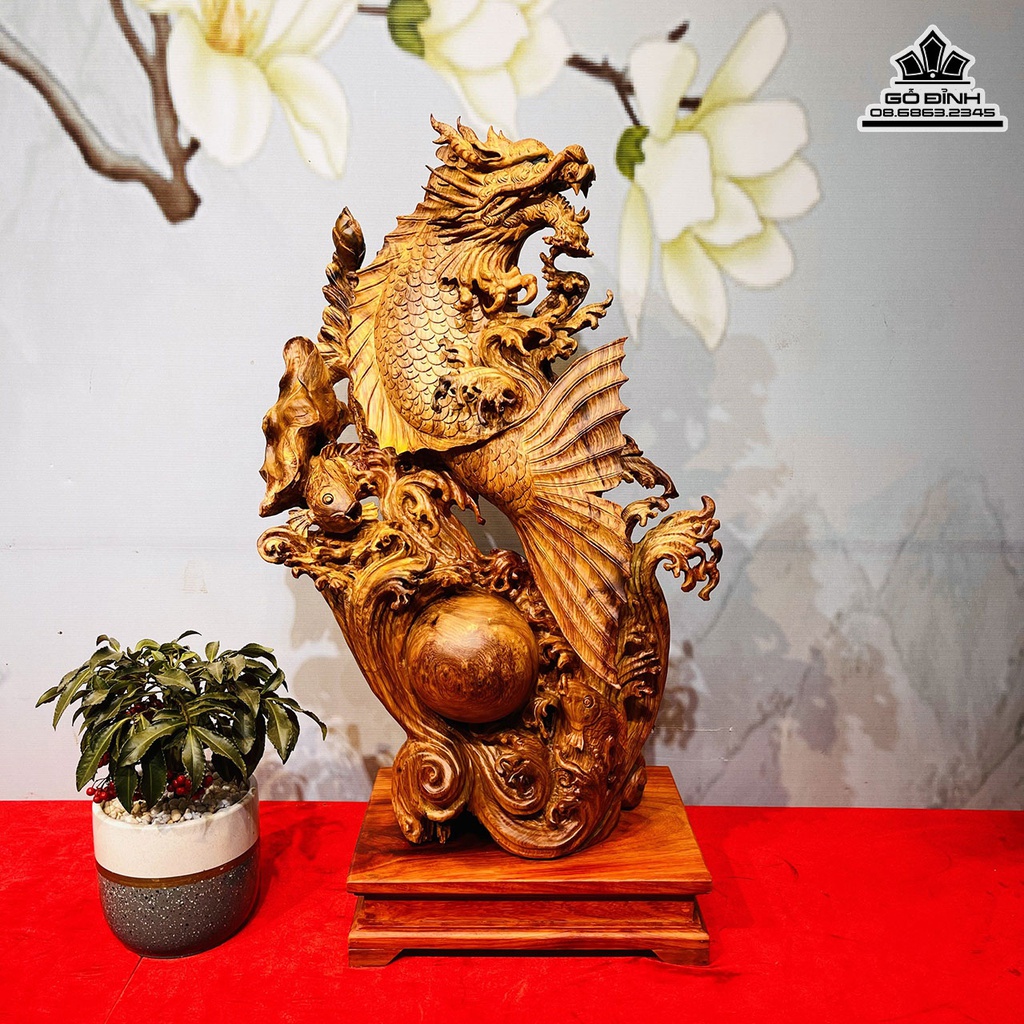 Tượng Cá Hóa Rồng Gỗ Hương Cao 79 Ngang 55 Sâu 25 (cm)