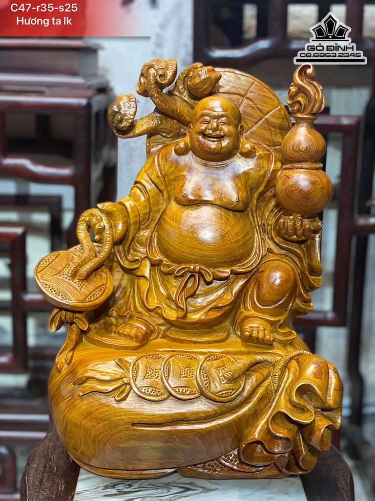 Tượng Phật Di Lặc Gỗ Nu Hương Cao 47 Ngang 35 Sâu 25(cm)