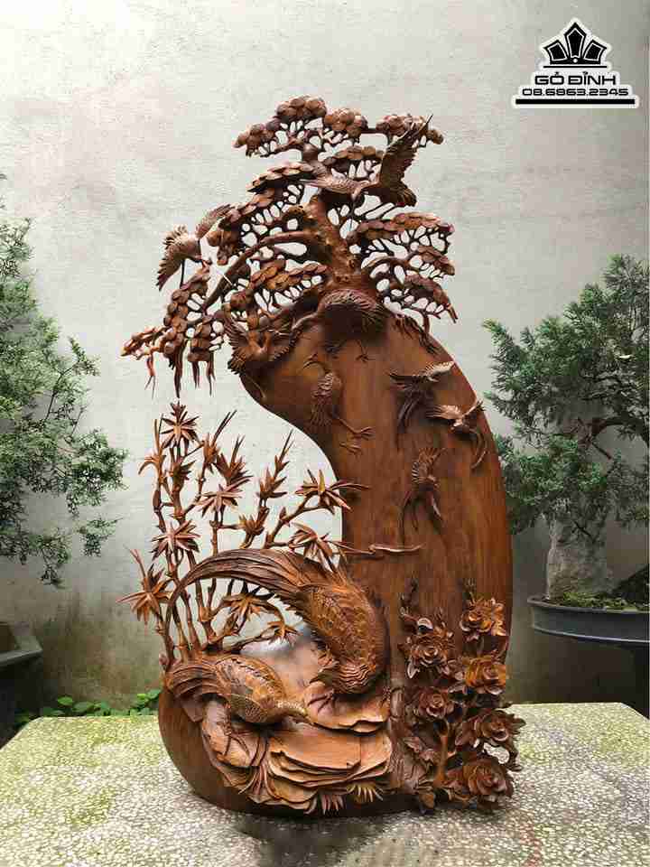 Tượng Uyên Ương Gỗ Bách Xanh  Cao 106 Ngang 60 Sâu 21 (cm)