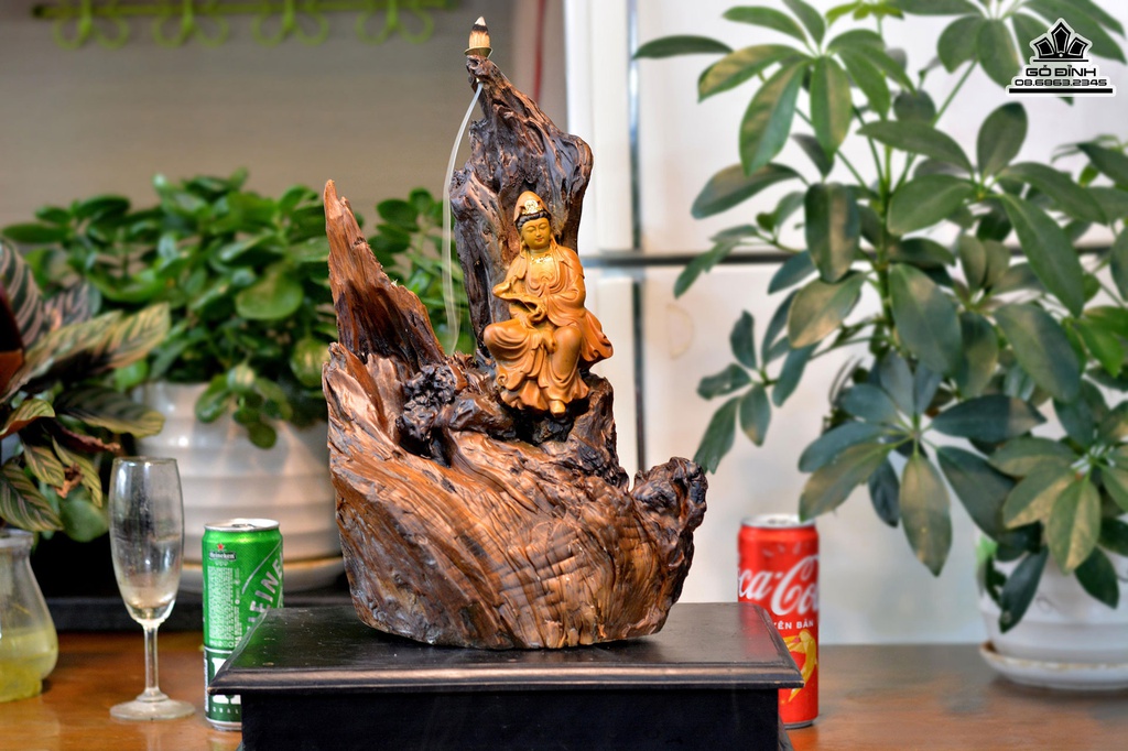 Tượng Phật Quan Âm Gỗ Bách Xanh Cao 42 Ngang 23 Sâu 16 (cm)