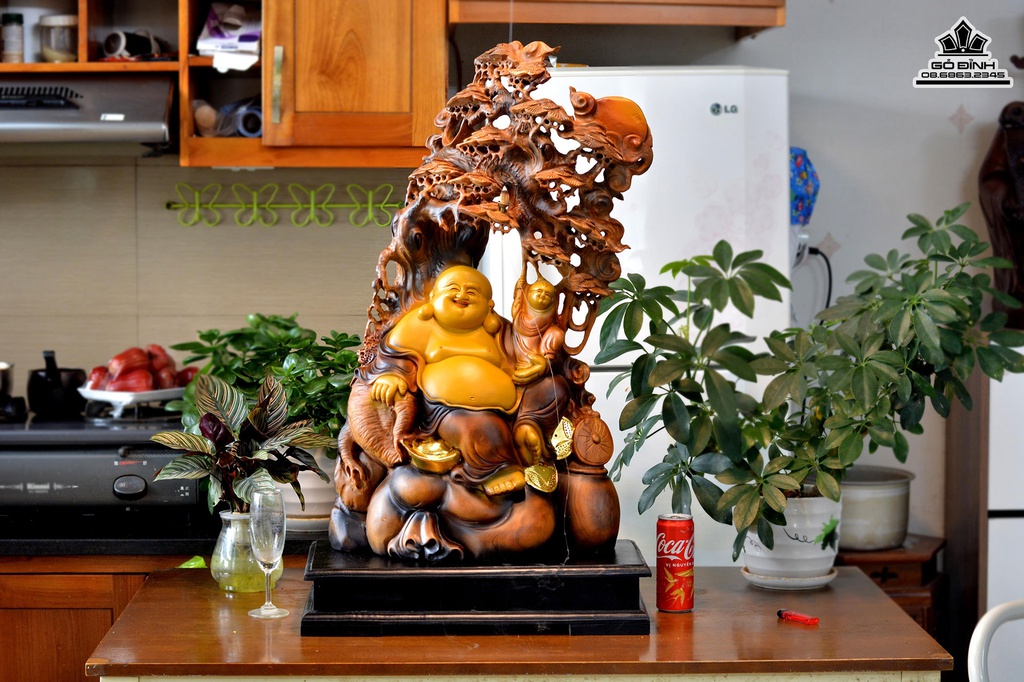 Tượng Phật Di Lặc Gỗ Bách Xanh Cao 88 Ngang 36 Sâu 20 (cm)