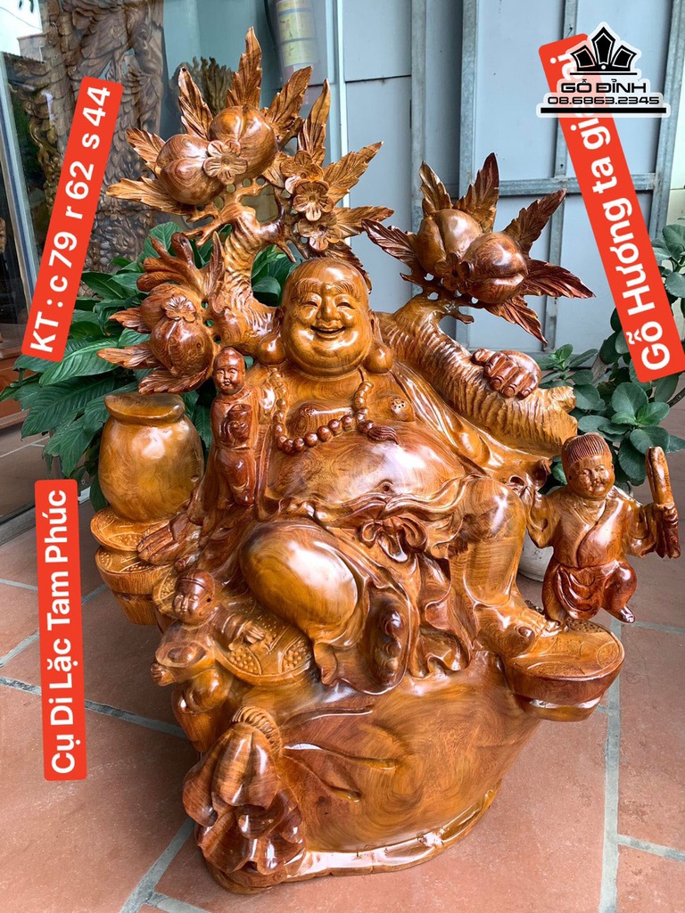Tượng Phật Di Lặc Tam Phúc Gỗ Hương Cao 79 Ngang 62 Sâu 44 (cm)