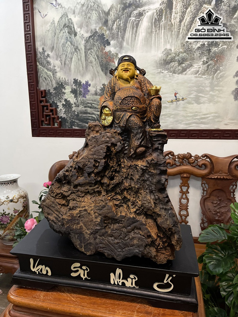 Tượng Thần Tài Gỗ Bách Xanh Cao 50 Ngang 38 Sâu 20 (cm)