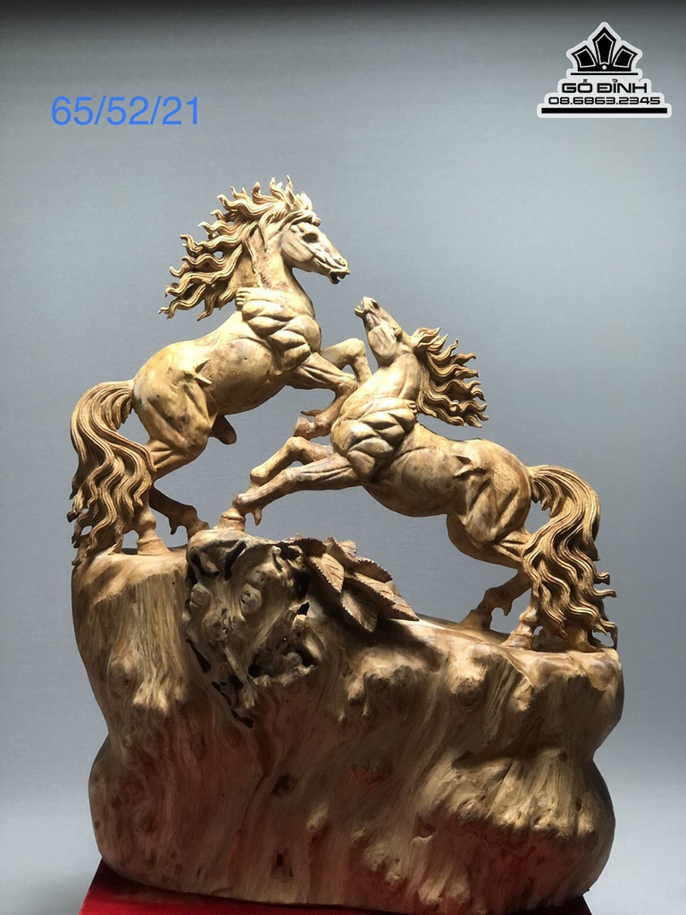 Tượng Song Mã Uyên Ương Gỗ Ngọc Am Hà Giang Liền Khối Cao 65 Ngang 52 Sâu 21 (cm)