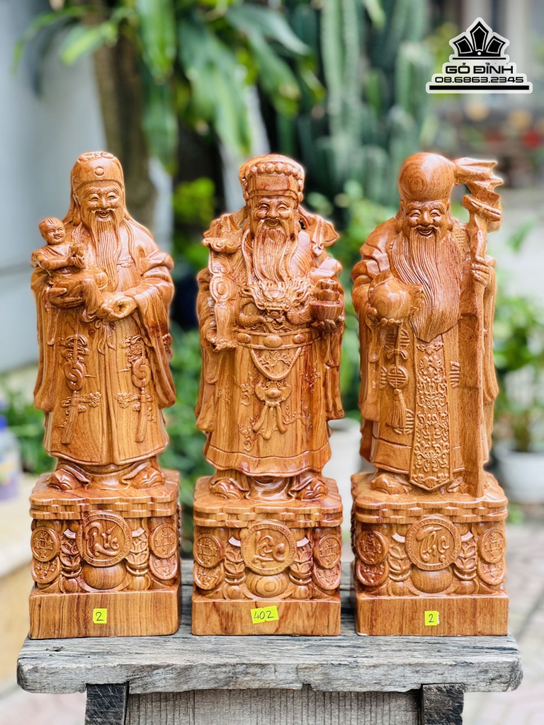 Tượng Phúc Lộc Thọ Gỗ Hương Đá Cao 40 Ngang 13 Sâu 11 (cm)