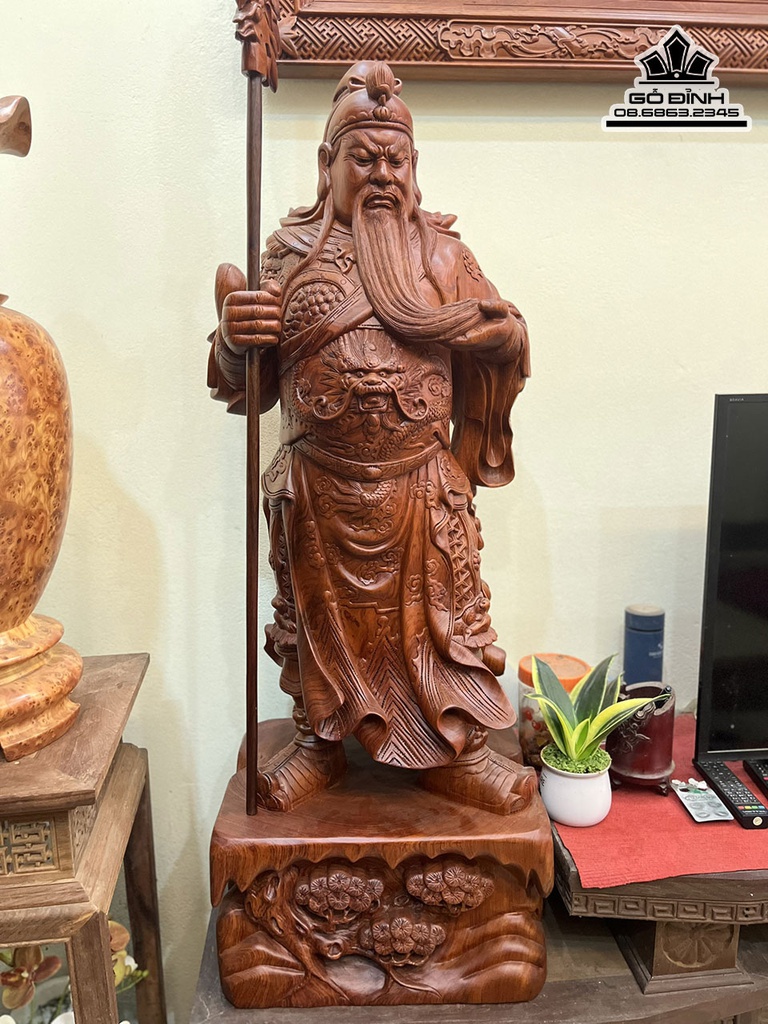 Tượng Quan Công Chống Đao Gỗ Hương Cao 120 Ngang 46 Sâu 36 (cm)
